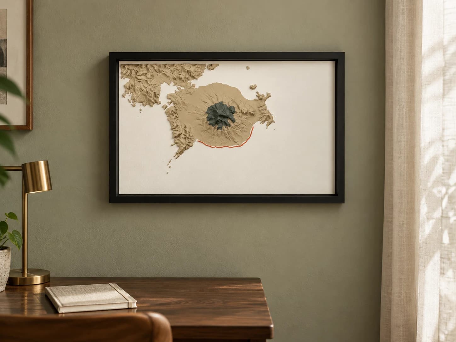 Ambientação ilustrativa do quadro Salar de Uyuni sobre uma escrivaninha, em parede verde suave e com cortina de linho.